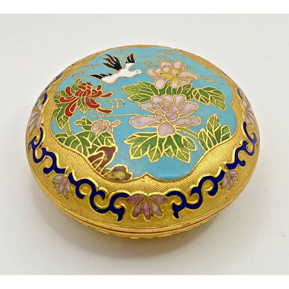 Vintage Cloisonné Gold Bird Floral Flowers Lidded Trinket Box Dish Used